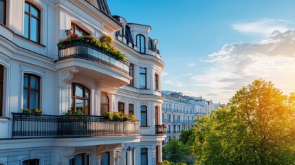 Obraz premium Charming European Architecture with Flower-Laden Balconies Under a Bright Blue Sky and Golden Sunlight