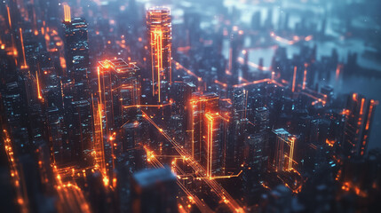 Fototapeta premium Smart digital Innovation city with connection network reciprocity over the twilight cityscape. of future smart wireless digital city and social media networking systems that connects people with city