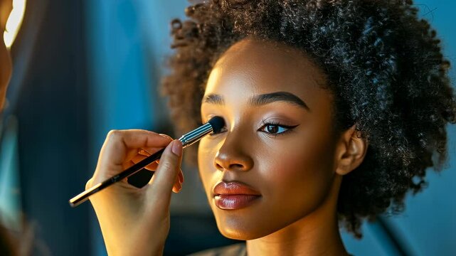 young African woman American getting makeup applied studio setting evening ambiance artist enhances beauty lights focuses application Subtle elegance session Calm artistic environment