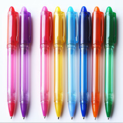 Bright and playful arrangement of colorful gel pens with translucent barrels displayed against pure white backdrop