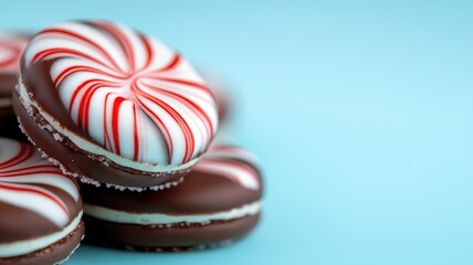 Obraz premium Chocolate cookies with red and white peppermint swirls on light blue background