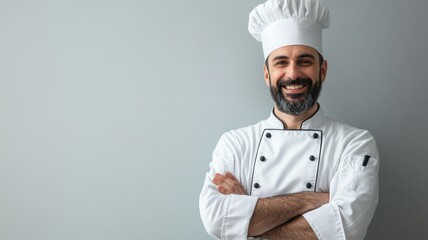 Smiling male chef with beard in white uniform and hat