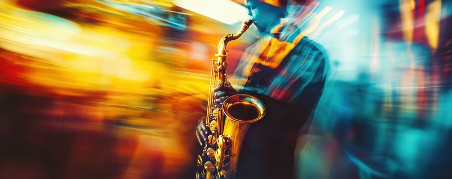 Blurry jazz abstract with male saxophonist in vibrant colors
