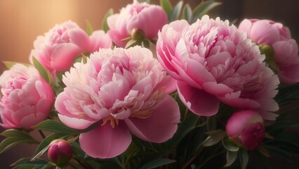 Obraz premium Beautiful peonies in full bloom showcasing vibrant pink petals and lush green foliage
