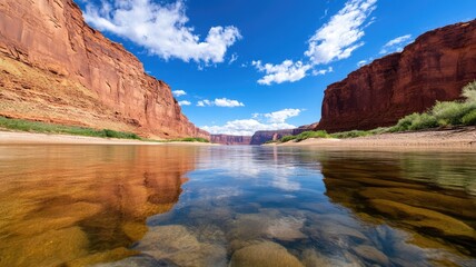 Reflective river between desert rock cliffs under clear blue sky