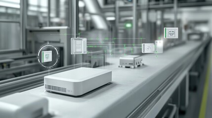Naklejka premium Electronic components moving on a smart factory conveyor belt with an augmented reality circuit diagram showing the connections and data flow, symbolizing automation and industry 4.0