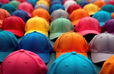 Colorful baseball caps without logos patterns. Many different bright colors. Variety of colors on display. Collection of blank caps. Great for promotional use fashion design. Trendy accessory.
