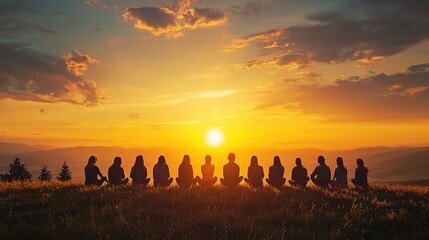 Collaborative indigenous sustainability practices at sunset mountainous landscape group gathering nature’s embrace