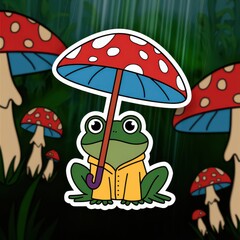 Cute frog in raincoat under mushroom umbrella