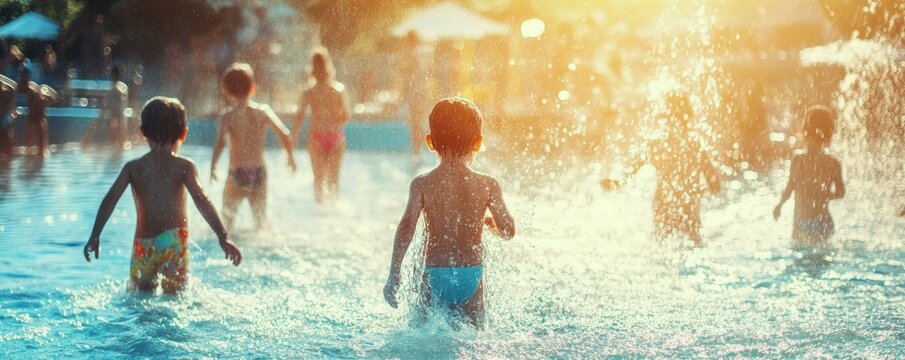 Children enjoying a sunny day at a water park splash pad