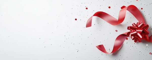 Festive red ribbon and bow with sparkling confetti on white background