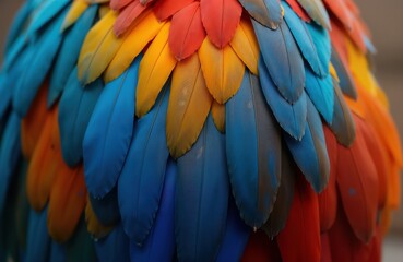 Obraz premium Closeup view of colorful bird feathers. Vivid hues of blue red, yellow feathers. Natural texture, pattern. Detail view of plumage. Softness, beauty in nature. Decorative, ornamental design. Suitable