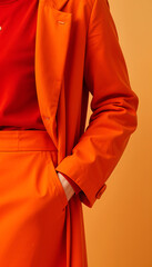 Closeup of a womans bright orange suit. The outfit includes a matching jacket, skirt, and top, showcasing a sleek, modern style. The fabric appears smooth and tailored.