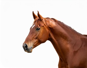 Fototapeta premium side view of a chestnut horse standing with a calm demeanor the horse is isolated on a white background showcasing its muscular build and natural elegance