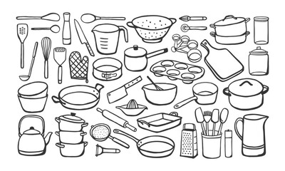 Hand drawn simple cookware set. Black and white illustrations of different kitchen utensils in sketch style