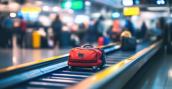 Des bagages sur un tapis roulant dans un a&eacute;roport, personnes floues attendant et r&eacute;ceptionnant leurs valises en arri&egrave;re-plan.
