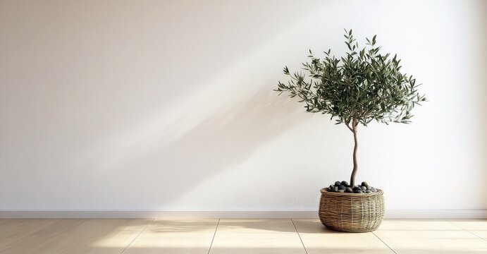 Un olivier en pot avec des pierres de d&eacute;coration dans une pi&egrave;ce vide avec un mur clair et un parquet en bois au sol, image avec espace pour texte.