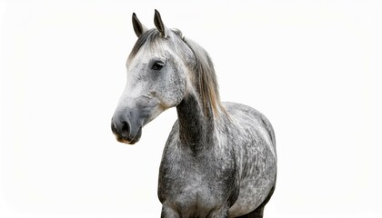 front view of a grey horse with a speckled coat standing gracefully the horse is isolated on a white background showcasing its symmetrical build and serene expression ideal for farm