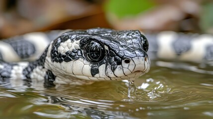 Fototapeta premium Banded snake drinking water, forest, close-up