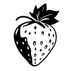 A striking black and white illustration of a single strawberry, capturing its juicy essence and natural beauty. Perfect for food blogs, cookbooks, or any project needing a fresh, clean aesthetic.