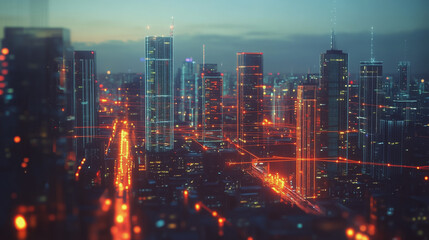 Fototapeta premium Smart digital Innovation city with connection network reciprocity over the twilight cityscape. of future smart wireless digital city and social media networking systems that connects people with city