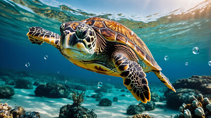 Fototapeta premium Graceful Sea Turtle Swimming in Vibrant Coral Reef