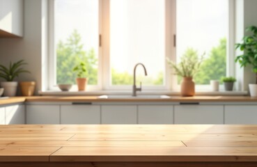 Fototapeta premium Empty wooden table top with blurred modern kitchen background. Sunlight shines on table. Modern kitchen with white cabinets, window showing garden park. Great for product placement home decor