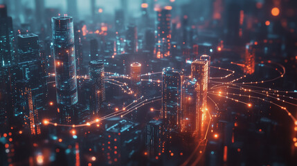 Smart digital Innovation city with connection network reciprocity over the twilight cityscape. of future smart wireless digital city and social media networking systems that connects people with city