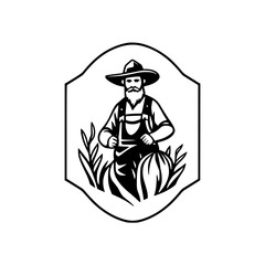 Vintage Farmer Illustration: Black and White Graphic Design of a Bearded Man Harvesting Crops