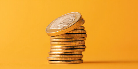 Stack of Gold-Colored Coins on Orange Background