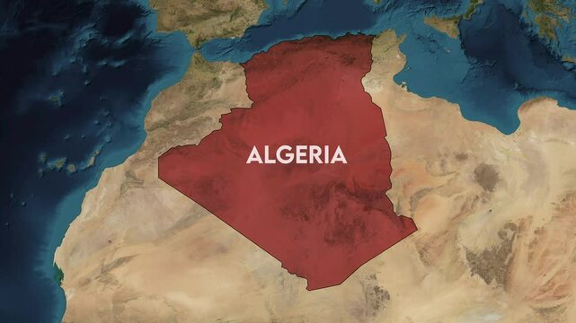 Zoom from Earth to Algeria. World map animation with country borders, Images from NASA