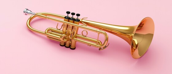 Obraz premium A golden trumpet rests on a pink background. AI.