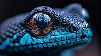 Fototapeta premium Blue gecko portrait, rainforest, macro, dark background, wildlife