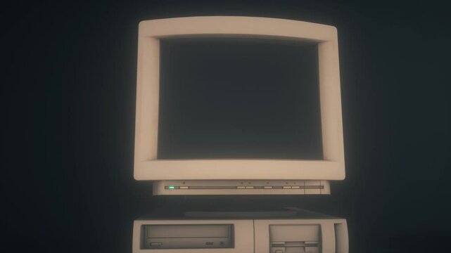 Retro personal computer or PC with source code displayed on monitor. Desktop vintage retro wave display