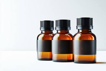 Elegant set of three dark amber glass essential oil bottles on a clean white background