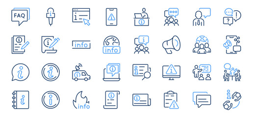Obraz premium Information web line icons. Contains icons instructions, a privacy policy, an info center, manual, rule, guide, reference, help Editable stroke.