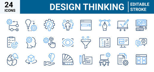 Design Thinking web line icons. creativity icons. Contains icons idea, brainstorm, thought, quick tips, inspiration, teamwork and more