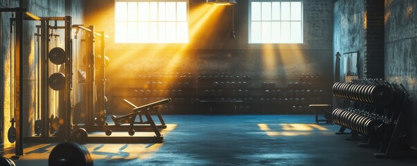 Sunlit industrial gym interior with equipment and warm ambience