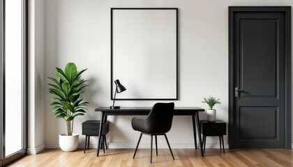 Blank frame mock-up on wall in modern interior design. Empty space for picture poster. Modern wooden desk with black chair, small side table. Stylish room with green plant, dark gray door. Minimalist