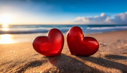 Fototapeta premium Two Red Heart-Shaped Stones on the Sandy Beach, Symbolizing Love and Connection by the Ocean