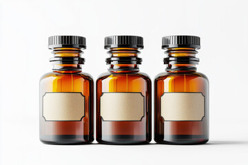 Elegant set of three dark amber essential oil bottles arranged symmetrically on a clean white background