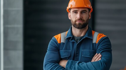 Confident Construction Worker in Safety Gear with Orange Hard Hat and Blue Overalls Posing Inside a Building Site