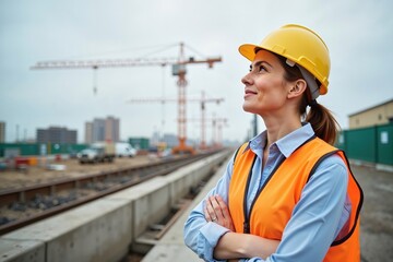 Female engineer smiling confidently at construction site with cranes and building materials in the background, empowerment and progress concept. International Women’s  Day and Labor day concept