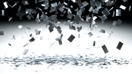 Silver Confetti Falling Gently Against a White and Black Gradient Background