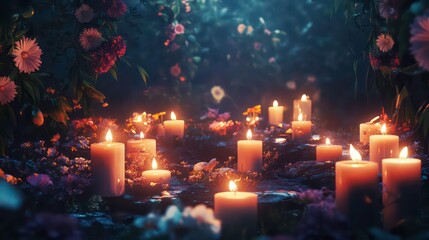 a peaceful memorial ceremony with candles and flowers, symbolizing remembrance and respect for loved ones lost