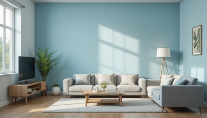 Bright sunlight filters through large windows, illuminating a stylish living room with a comfortable sofa, elegant decor, and a touch of greenery. A perfect space for relaxation