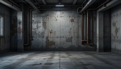 Obraz premium A stark industrial space with rough concrete walls stained over time sits empty. Exposed pipes run along the ceiling, while muted lighting creates a somber, yet intriguing atmosphere