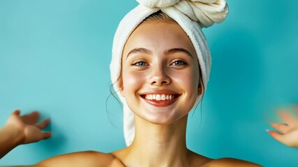 Young Caucasian female smiling spa setting Woman enjoying relaxation vibrant turquoise backdrop cheerful attendee serene environment Refreshed adult calming facial treatment Peaceful mood wellness