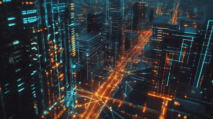 Obraz premium Smart digital Innovation city with connection network reciprocity over the twilight cityscape. of future smart wireless digital city and social media networking systems that connects people with city