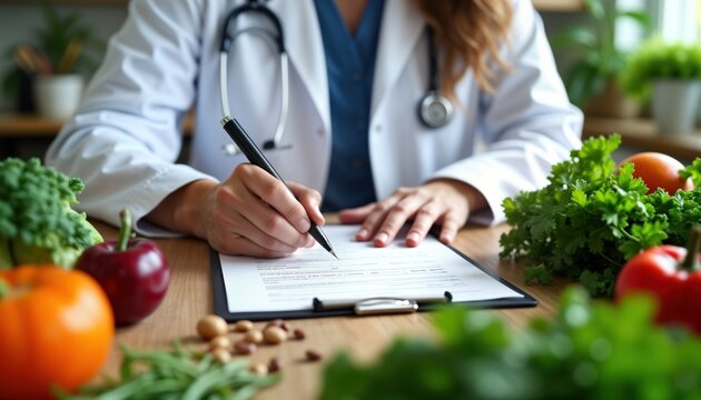 Doctor in white coat consults patient. Doctor writes prescription for healthy diet. Fresh vegetables, herbs surround doctor. Dietary consultation. Patient reviews nutrition plan. Healthy food for